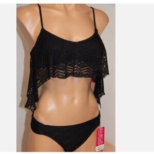 NWT Hula Honey Swimsuit Bikini 2pc set Sz S Black Longer sides Crochet